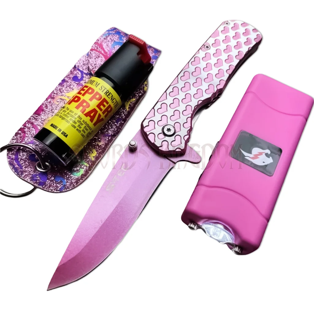pink-safety-3-in-1-stun-gun-knife-spray-set. Pink safety 3-in-1 stun gun, knife, and spray set