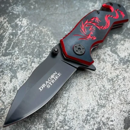 6" Black Red Dragon Knife Tactical Fantasy Spring Assisted