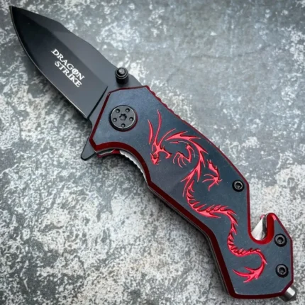 6" Black Red Dragon Knife Tactical Fantasy Spring Assisted