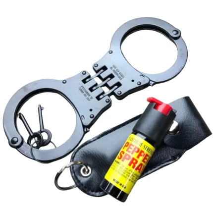 Black Steel Military Double Lock Handcuffs 2 Keys & Spray