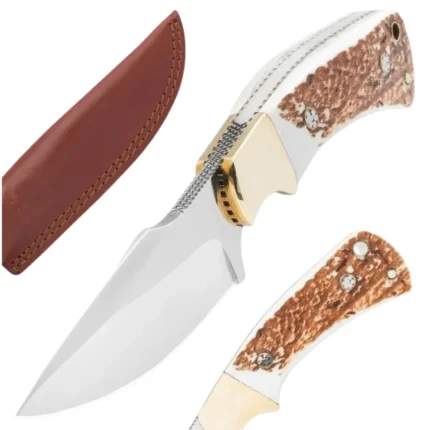Hunting Knife with Stag Handle and Leather Sheath