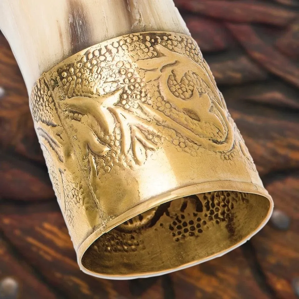 Medieval Brass Trim Replica Viking Horn Drinking Mug. Medieval Brass Trim Replica Viking Horn Drinking Mug