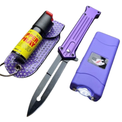 Purple Self Defense Combo Stun Gun, Knife & Pepper Spray