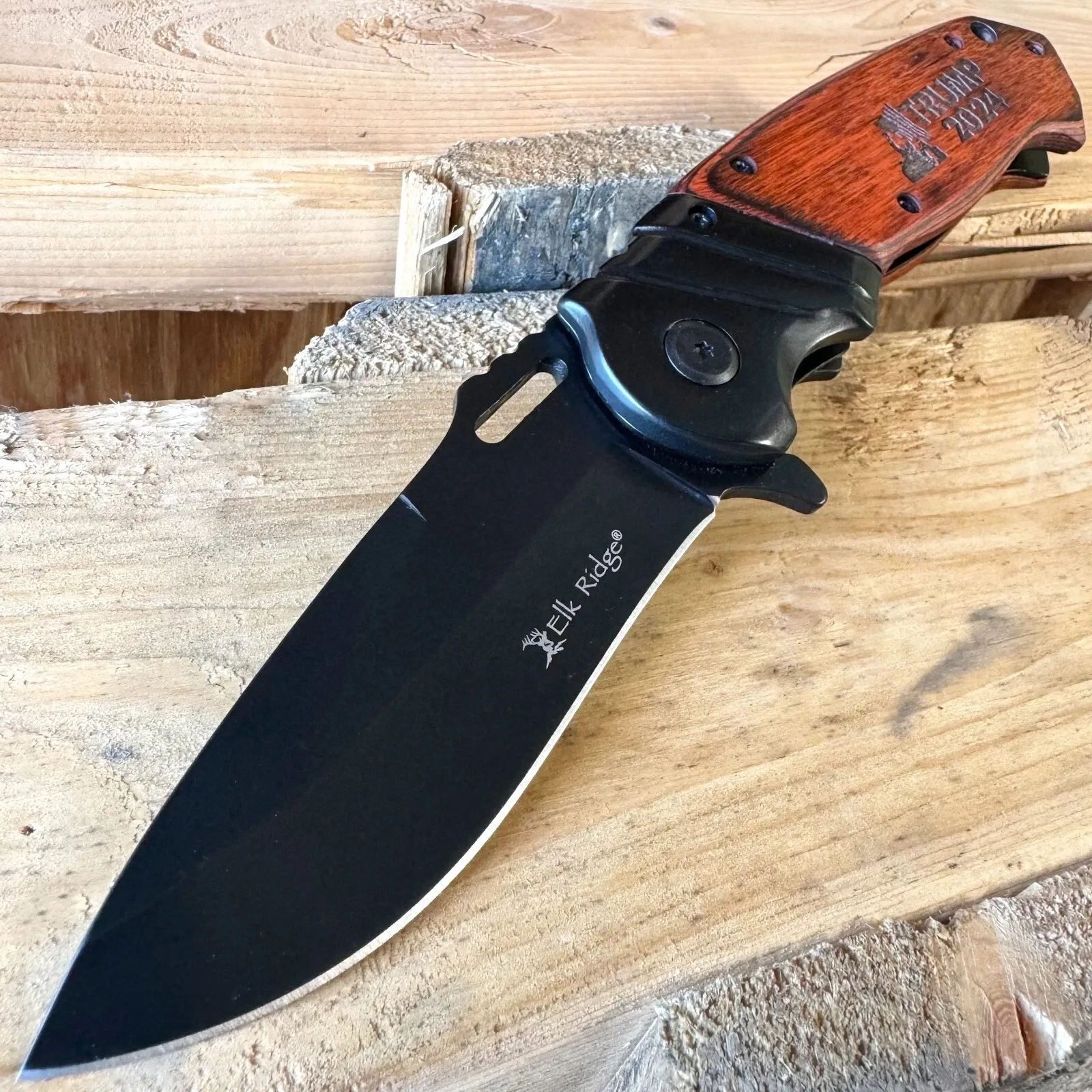 Trump 2024 Elk Ridge Wood Spring Assisted Folding Knife. Trump 2024 Elk Ridge Wood Spring Assisted Folding Knife