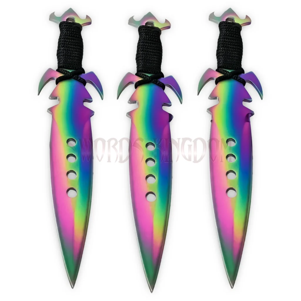 3pc-rainbow-kunai-replica-collection. Three Rainbow Kunai Replica pieces displayed at an angle
