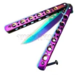 Classic Balisong butterfly knife in multicolor rainbow finish