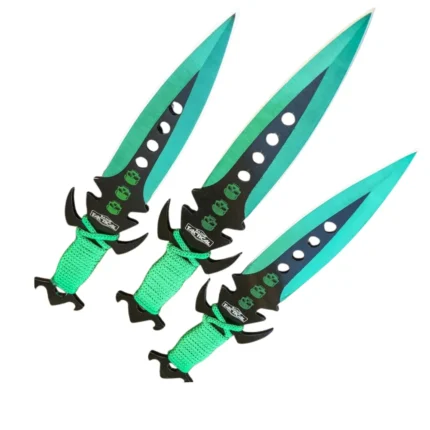 3-piece Ninja Kunai throwing knife set in green with sheath included. Balanced design for target practice, training, and collectors. Durable build and sleek finish.