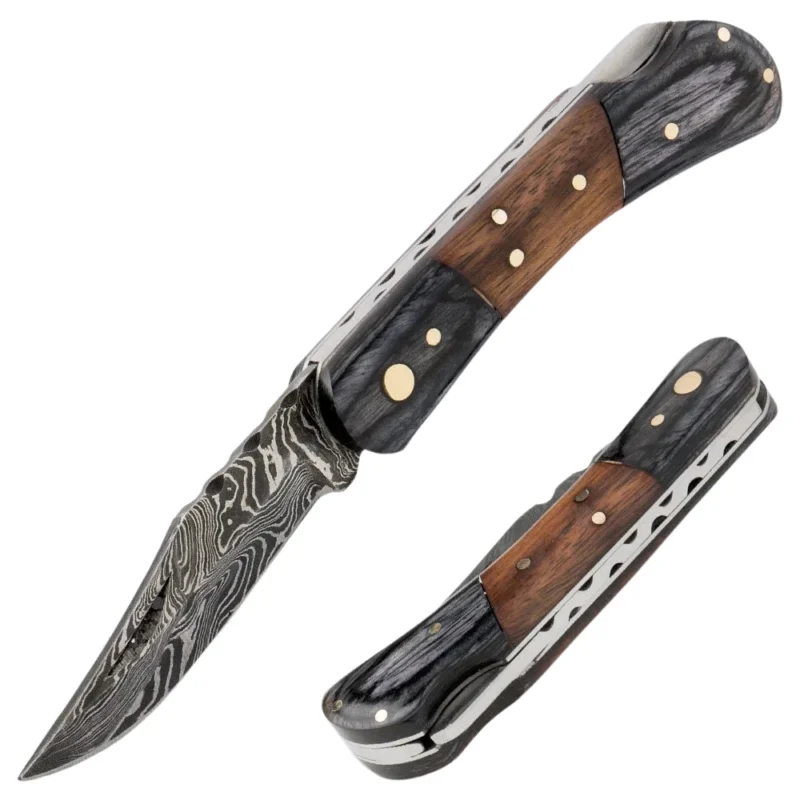 Handmade Forged Damascus Steel Wood Folding Knife