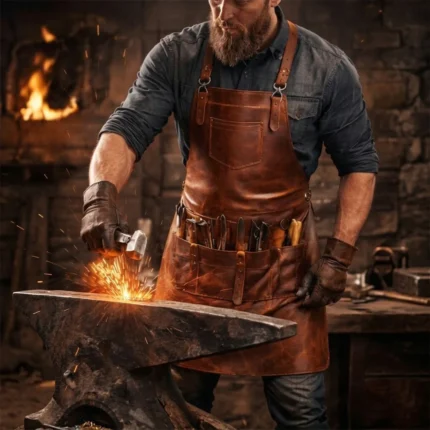 Brown Crazy Horse leather blacksmith apron worn over a dark shirt, featuring adjustable cross-back straps, chest pocket, multiple tool pockets, and durable handcrafted design for welding, woodworking, and metalworking tasks