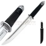 Honshu 17-inch tanto knife with stainless steel blade and leather sheath
