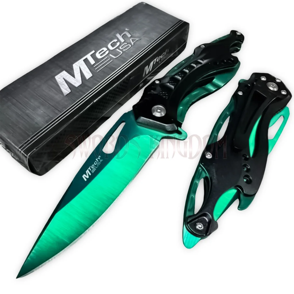 mtech-spring-assisted-pocket-knife-green-blade. MTech spring assisted pocket knife with green blade