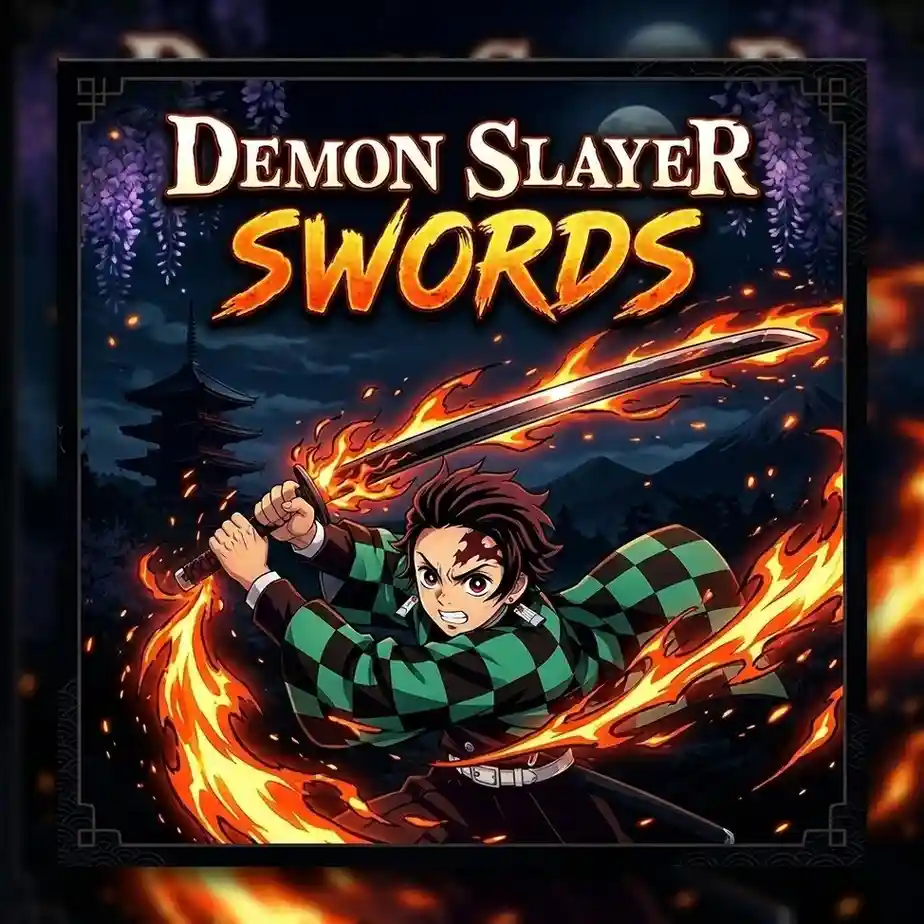 Demon Slayer swords banner featuring Tanjiro Kamado wielding a flaming Nichirin sword with anime-inspired action artwork
