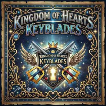 Kingdom Hearts Keyblades fantasy banner featuring iconic crossed Keyblades, ornate frame design, and magical gaming artwork