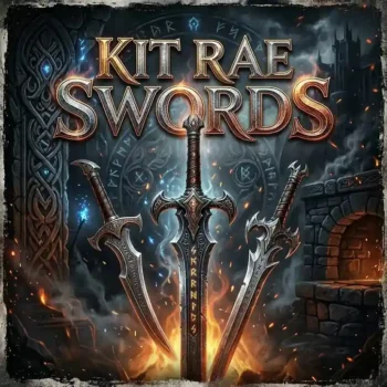 Kit Rae fantasy swords collection featuring three ornate medieval-style collectible swords with engraved blades, runic designs, and a mystical forge background