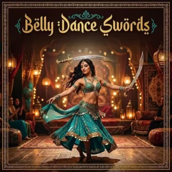 Professional belly dance swords with decorative curved blades showcased during a traditional sword dance performance in an Arabian-inspired venue