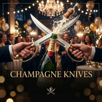 Champagne sabrage knives crossing above a popping champagne bottle at a luxury celebration, showcasing elegant champagne swords for ceremonial bottle opening