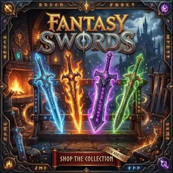 Fantasy swords with mystical glowing blades and intricate medieval craftsmanship, showcased in a magical blacksmith forge setting