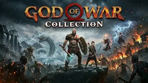 God of War Collection banner featuring Kratos, Atreus, Norse mythology creatures, and epic battlefield artwork from the God of War series