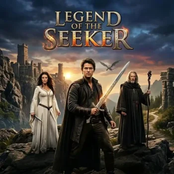 Legend of the Seeker fantasy banner featuring a sword-wielding hero, mystical companions, and a medieval castle landscape