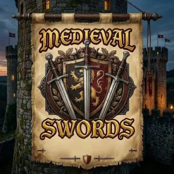 Medieval swords banner featuring heraldic shield with crossed longswords and castle backdrop for medieval weapon collectors