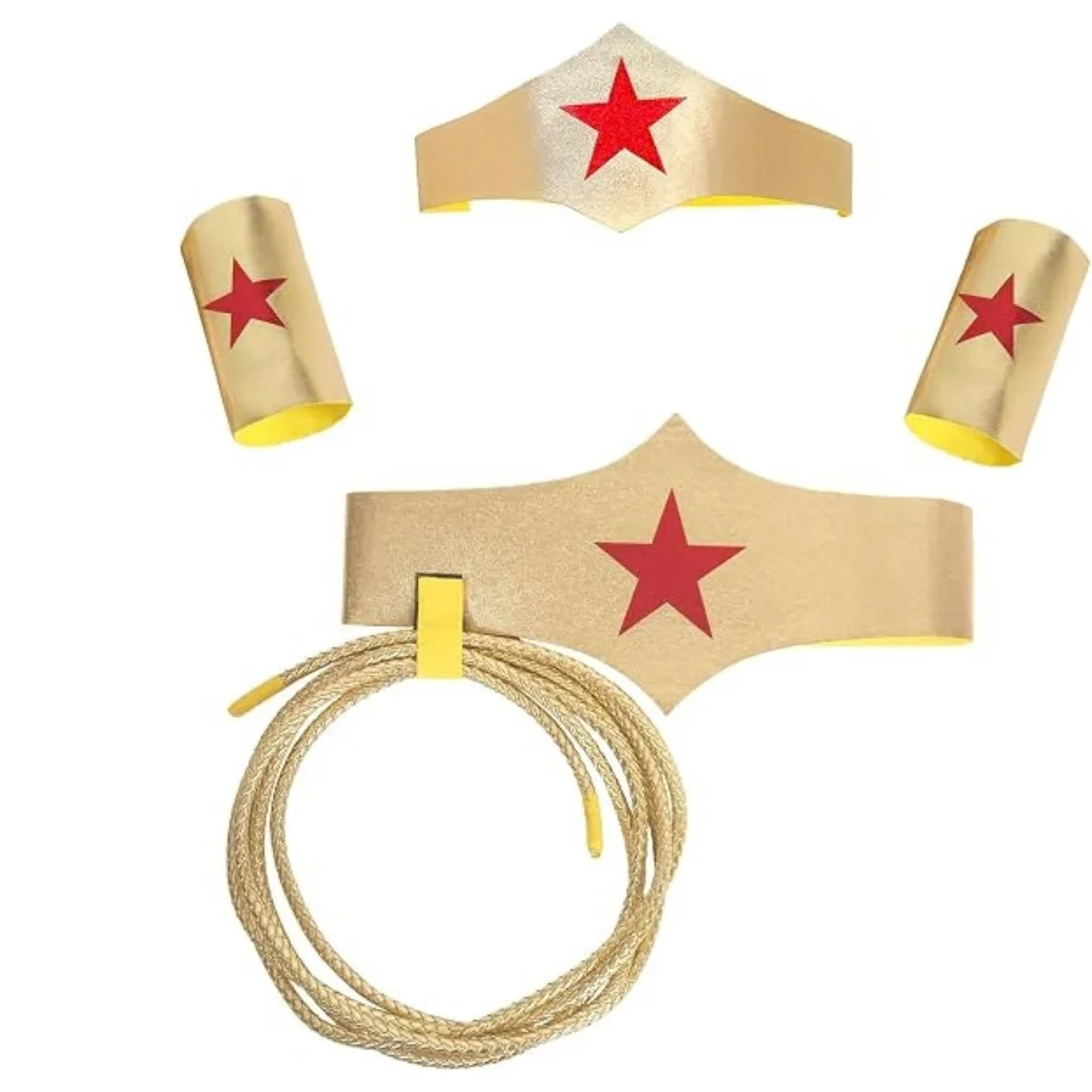 Wonder Woman Costume Set Gold Tiara Belt Wrist Bands Lasso Wonder Woman Costume Set Gold Tiara Belt Wrist Bands Lasso - Image 1