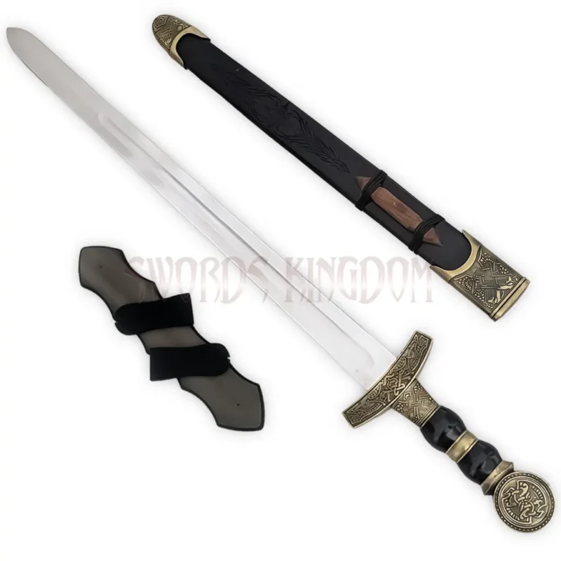 Viking Norse sword replica with ornate handle and matching scabbard