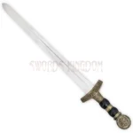 Close-up of Viking Norse sword replica featuring an engraved handle