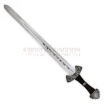 Close-up of Viking Norse sword replica featuring detailed handle engravings