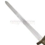 Detailed view of ornate handle and traditional Viking sword design