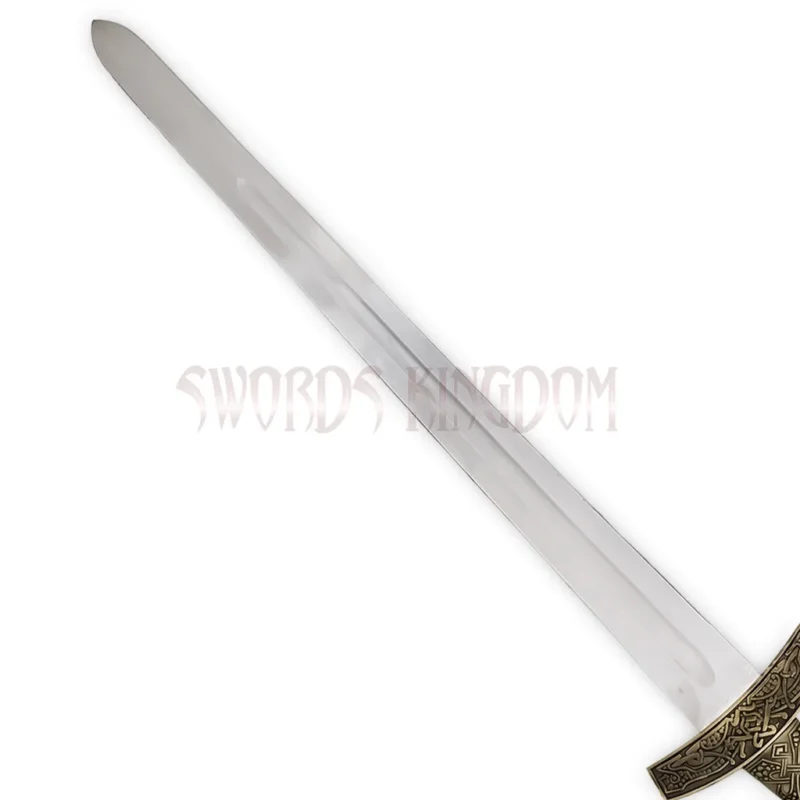 Detailed view of ornate handle and traditional Viking sword design