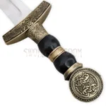 Close-up of Viking Norse sword replica featuring an engraved handle