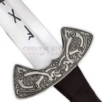 Viking Norse sword replica showing its blade design and engraved handle