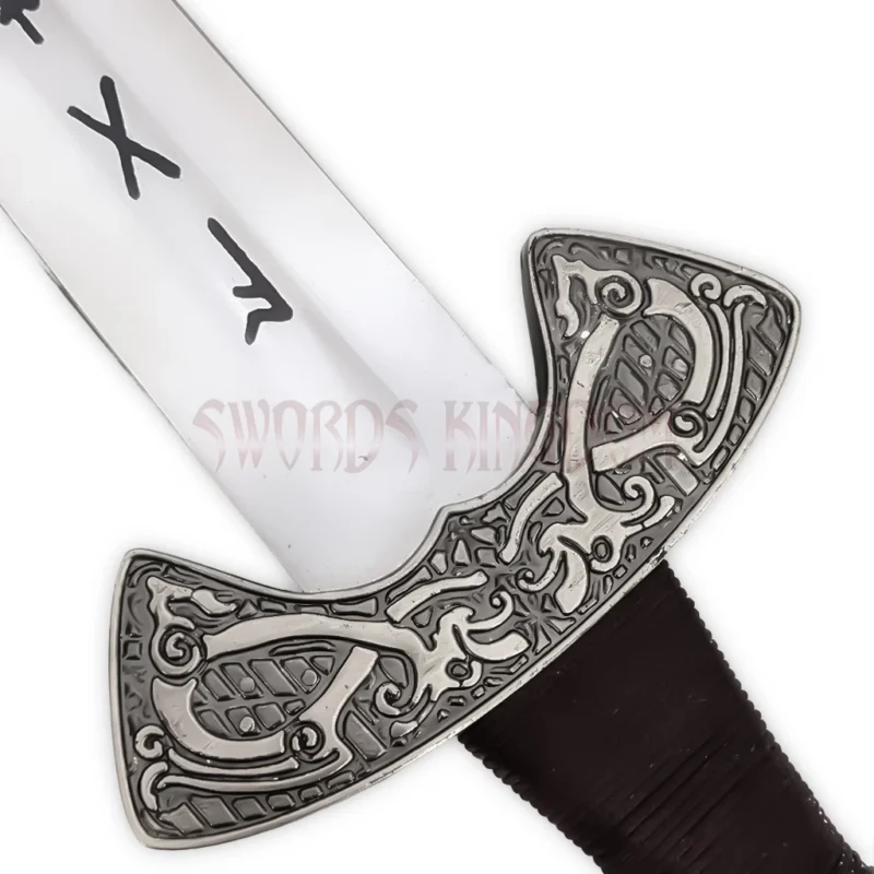 Viking Norse sword replica showing its blade design and engraved handle